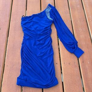 Deb Blue One Sleeve Ruched Cocktail Dress